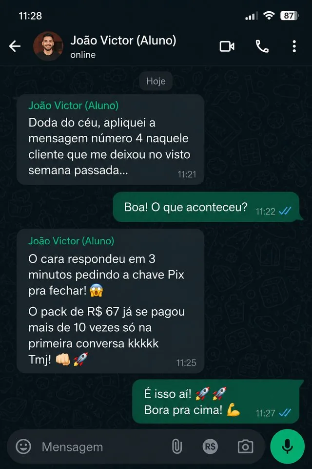 Print de conversa no WhatsApp com João Victor relatando que o cliente respondeu em 3 minutos pedindo a chave Pix
