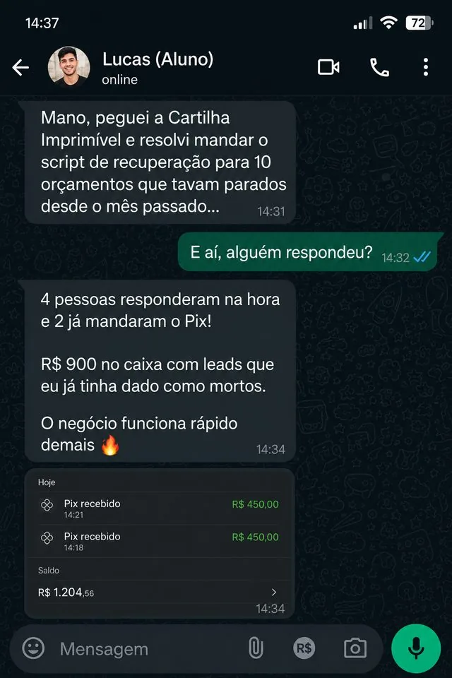 Print de conversa no WhatsApp e comprovantes de Pix recebidos por Lucas somando R$ 900