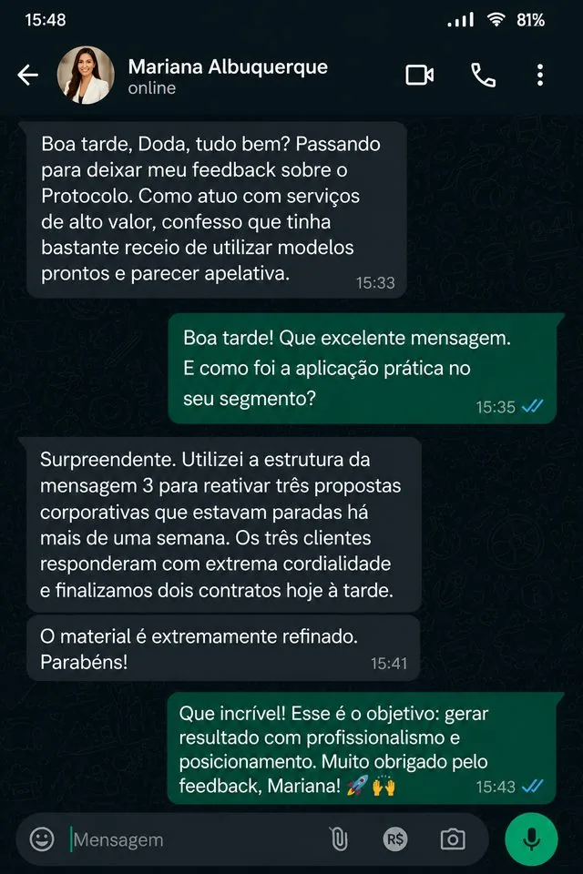 Print de conversa no WhatsApp com Mariana Albuquerque relatando dois contratos fechados no mesmo dia